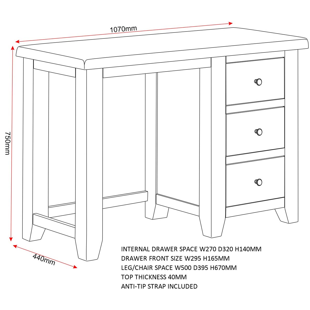 Windsor 3 Drawer Dressing Table Set Dimensions